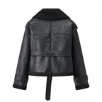 Damen Kunstlederjacke mit Teddy-Futter und taillierbarem Gürtel R&B