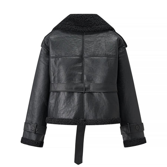 Damen Kunstlederjacke mit Teddy-Futter und taillierbarem Gürtel R&B
