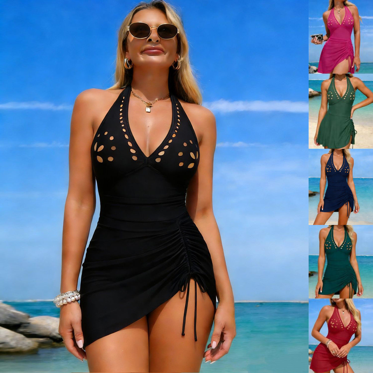 Damen Einteiler Badeanzug mit verstellbarem Wickeldesign und modischem Ausschnitt R&B