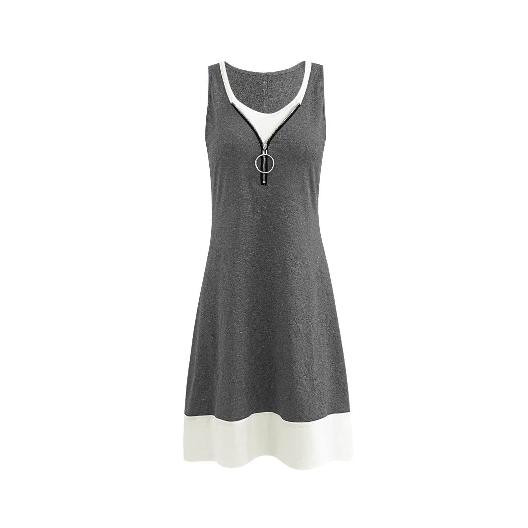 Damen ärmelloses Sommerkleid mit modischem Reißverschluss und Kontrastdetails R&B