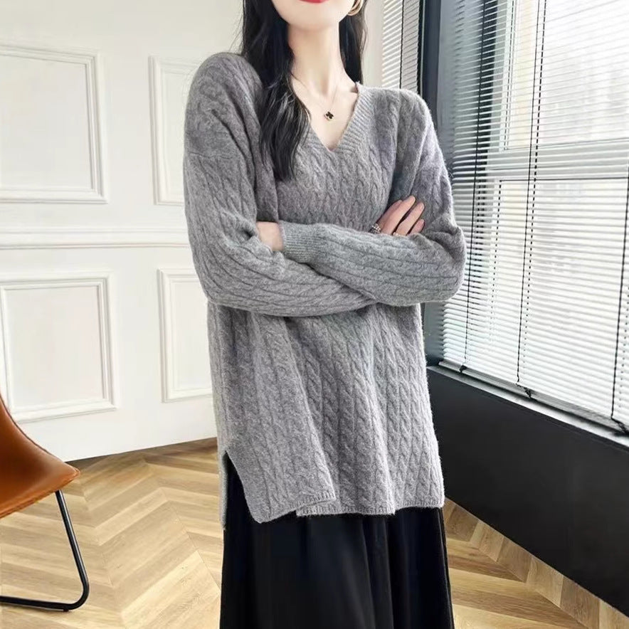 Damen Grobstrickpullover mit V-Ausschnitt und lässigem Schnitt R&B