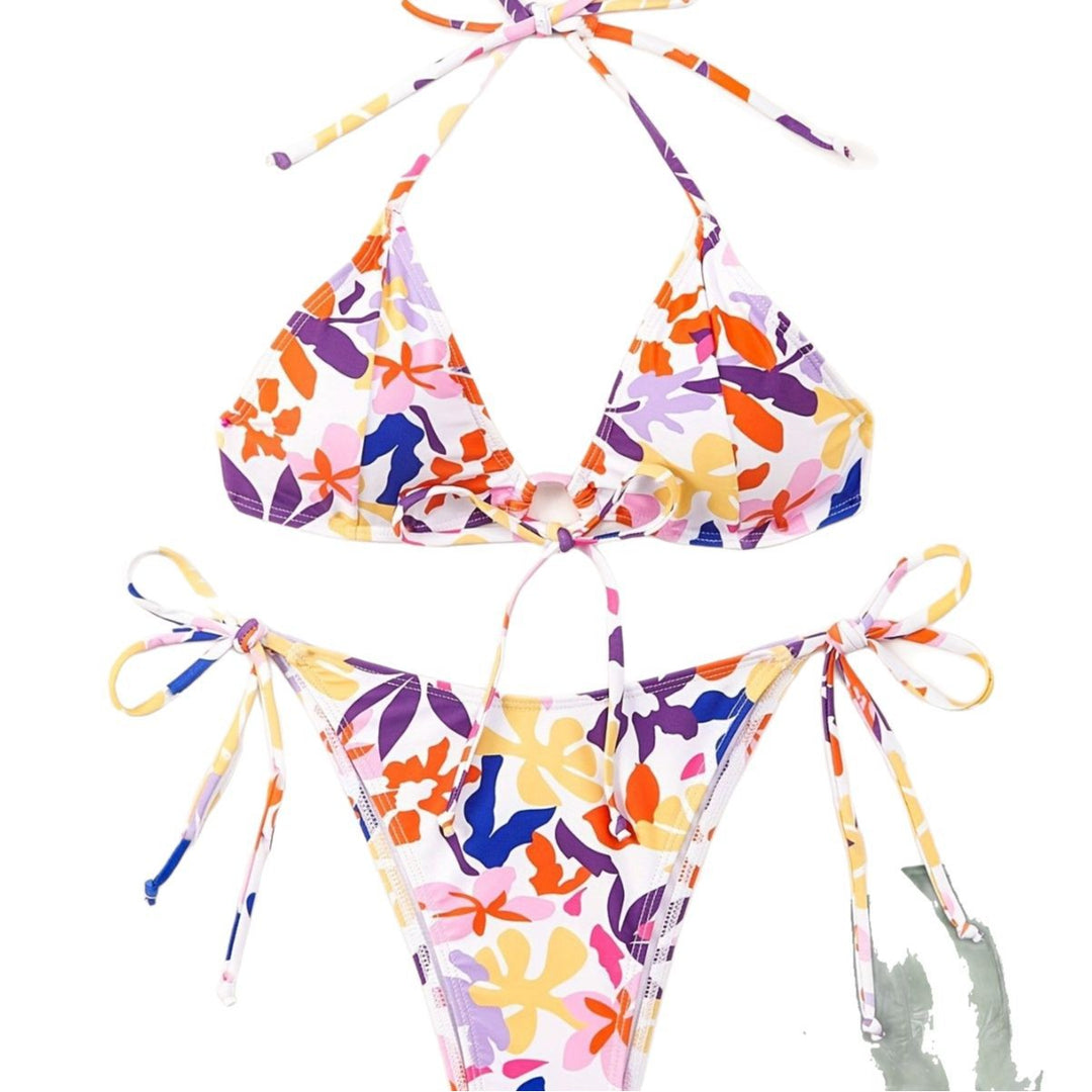 Damen Triangel-Bikini mit verstellbaren Schnüren und fröhlichem Blumenmuster R&B