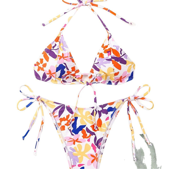 Damen Triangel-Bikini mit verstellbaren Schnüren und fröhlichem Blumenmuster R&B