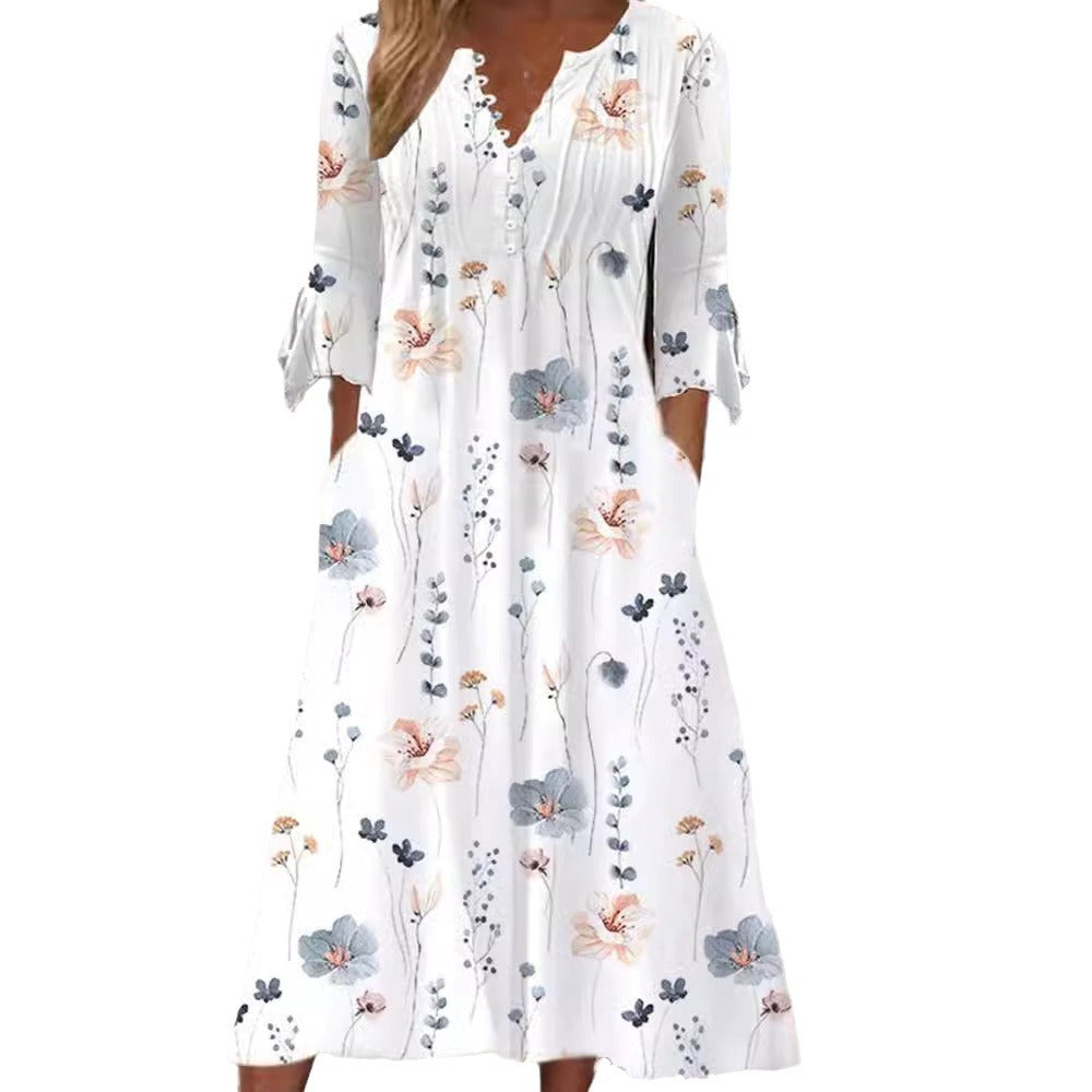 Damen nan fließendes Midikleid mit V‑Ausschnitt, Zierknopfleiste, Brustbiesen, Schleifenärmeln und Eingrifftaschen R&B