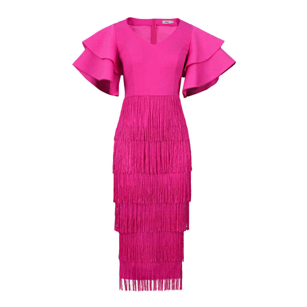 Damen Fransen Maxikleid mit voluminösen Rüschensäumen R&B