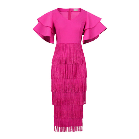 Damen Fransen Maxikleid mit voluminösen Rüschensäumen R&B