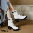 Damen Schnürstiefel mit robustem Blockabsatz und elastischem Strickkragen R&B