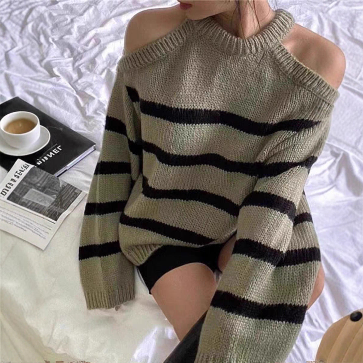 Damen Off-Shoulder Strickpullover mit Streifenmuster und lässigem Schnitt R&B