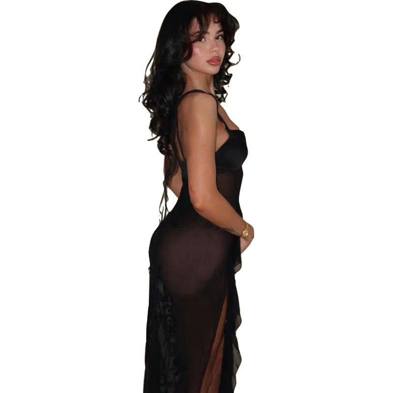 Damen transparenter Maxi-Strandanzug mit asymmetrischem Schnitt und Rüschen R&B