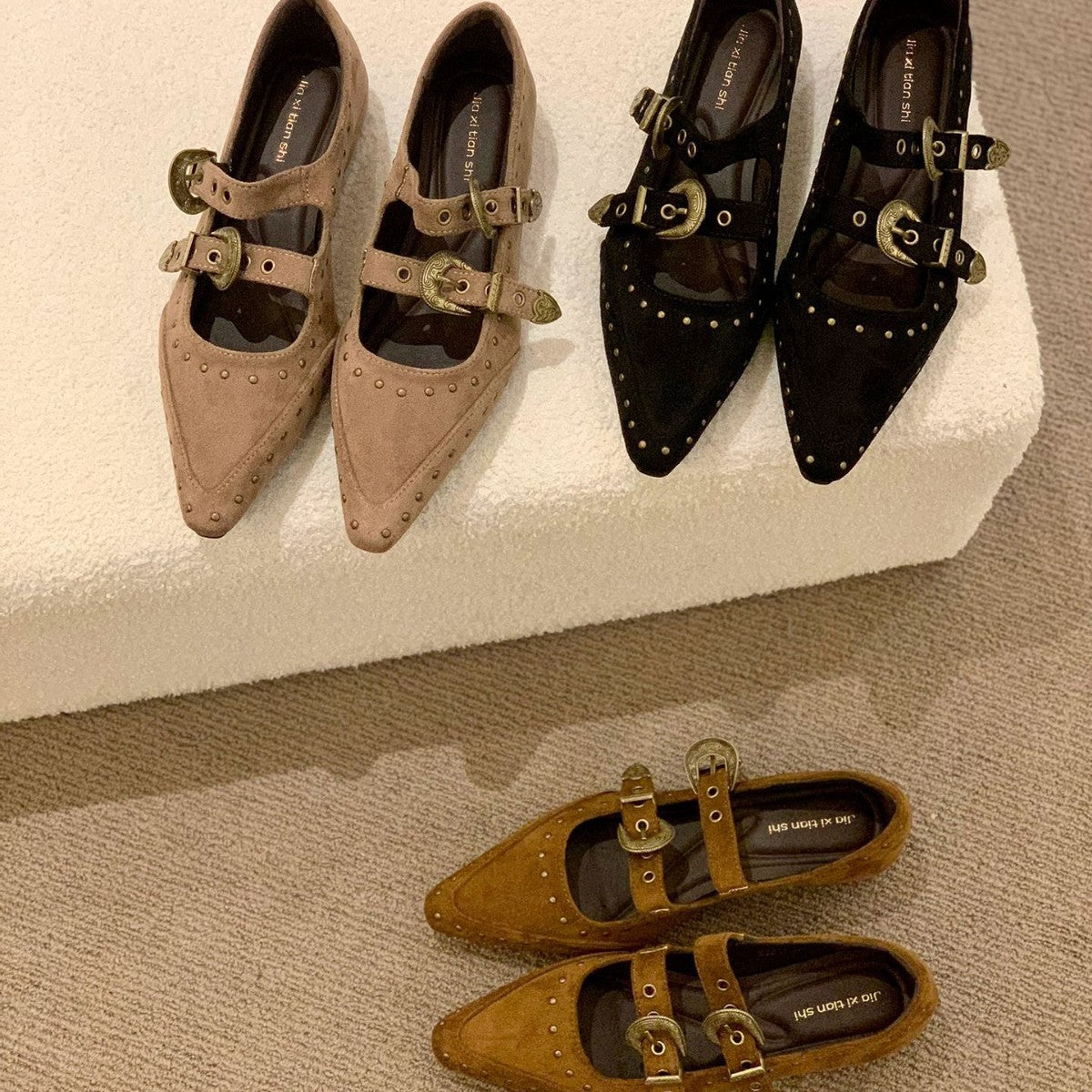 Damen Elegante und stilvolle Ballerinas mit modischen Schnallen und Nieten R&B