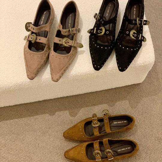 Damen Elegante und stilvolle Ballerinas mit modischen Schnallen und Nieten R&B