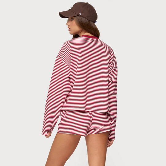 Damen Lässiges Streifen-Loungewear-Set mit langärmligem Oberteil und kurzer Hose R&B