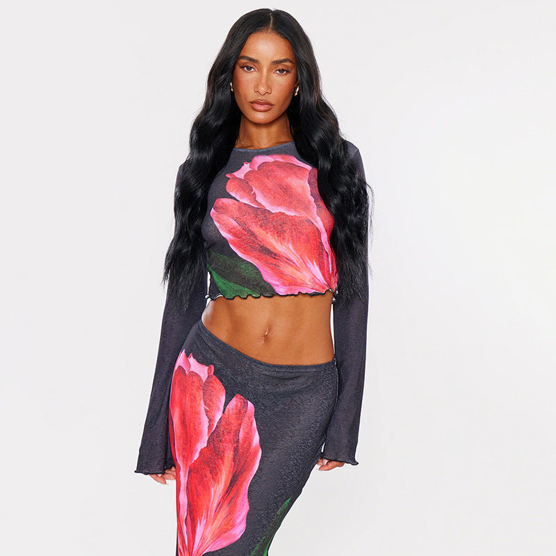Damen Crop-Top und Rock-Set mit floralem Design R&B