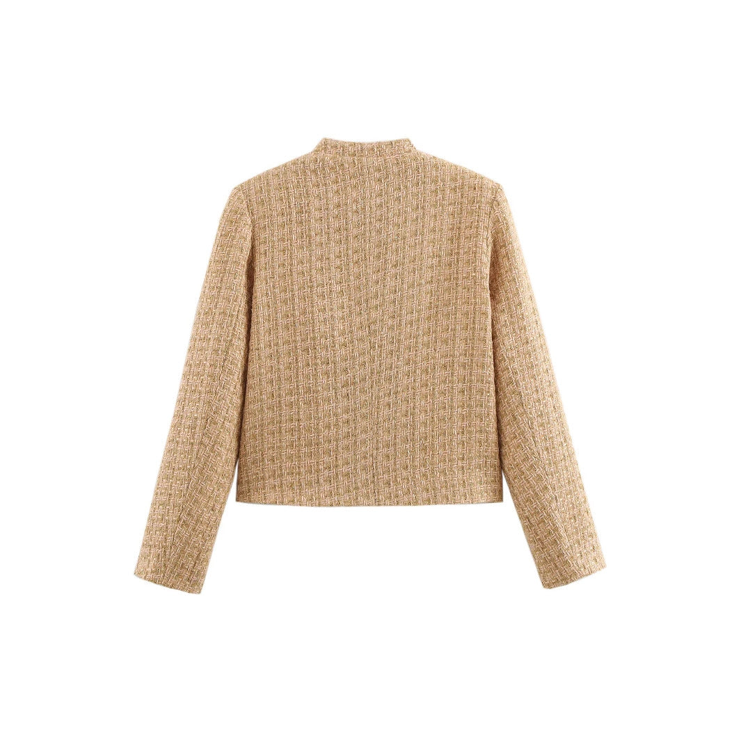 Damen elegante Bouclejacke mit goldenen Knöpfen und aufgesetzten Taschen R&B