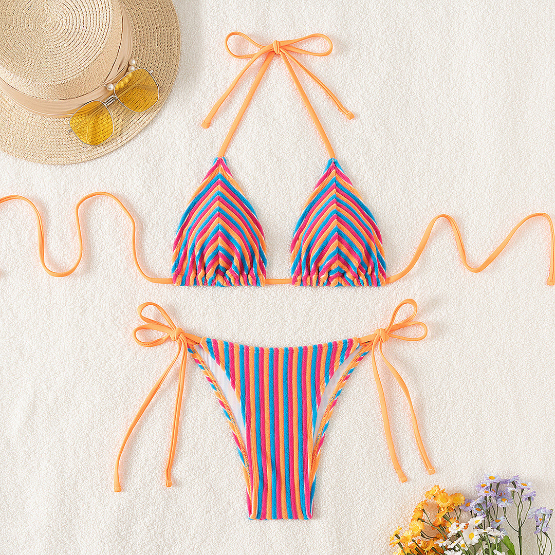 Damen Triangel-Bikini mit raffinierten Streifen und verspielten Schleifen R&B