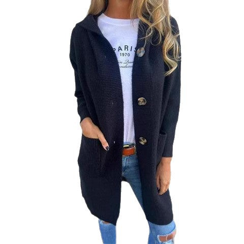 Damen Strickjacke mit Kapuze und dekorativen Knöpfen R&B