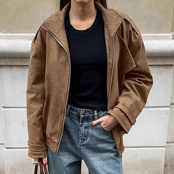 Damen Modische Suede-Bomberjacke mit praktischen Taschen und Reißverschluss R&B