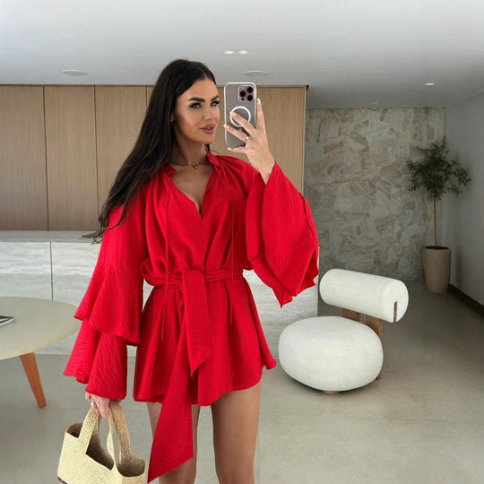Damen lässiger Kimono mit eleganten Rüschendetails und Taillengürtel R&B
