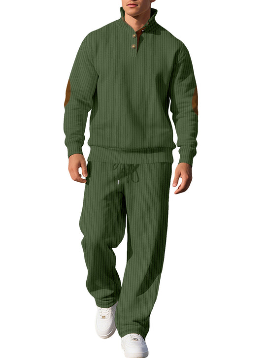 Herren nan feiner Rippstrickpullover mit halber Knopfleiste hohem Stehkragen und kontrastierendem Suedine-Ellbogenbesatz R&B
