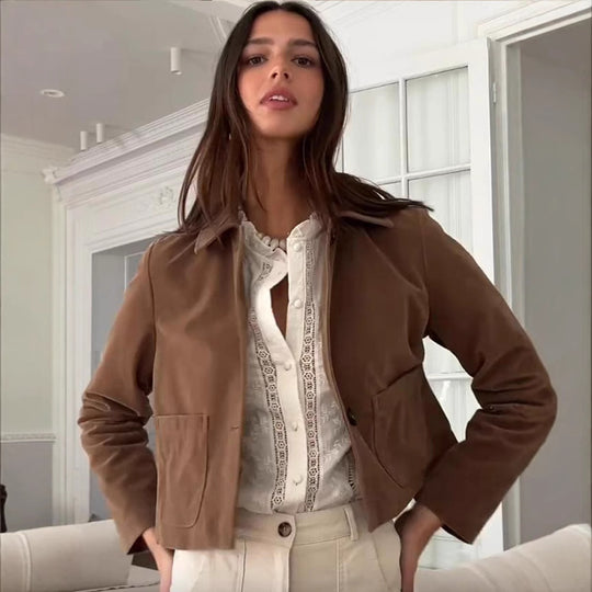 Damen modische Kurzjacke mit hochgeschlossenem Kragen und praktischen Taschen R&B