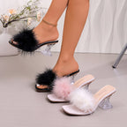 Damen transparente Mules mit flauschigem Flausche-Akzent R&B