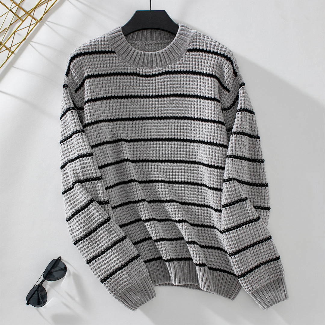 Damen lässiger Strickpullover mit breitem Streifenmuster R&B