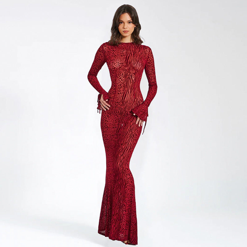 Damen Figurbetontes Maxikleid mit tierischem Muster und weiten Ärmeln R&B