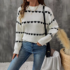 Damen lässiger Strickpullover mit Herzenmuster und lockerem Schnitt
