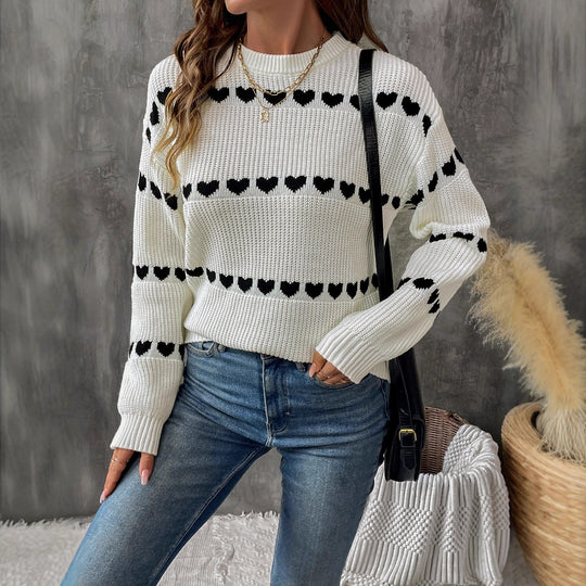 Damen lässiger Strickpullover mit Herzenmuster und lockerem Schnitt R&B