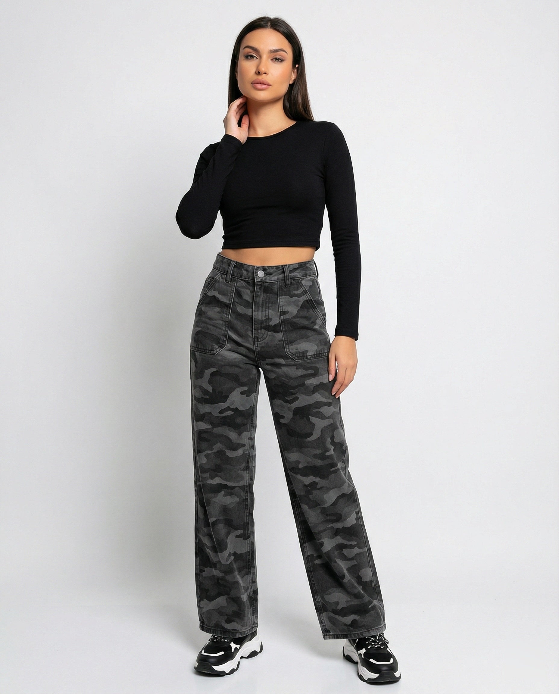 Damen extraweite Camouflage-Palazzohose mit hohem Bund, tiefem Schritt und aufgesetzten Gesäßtaschen R&B