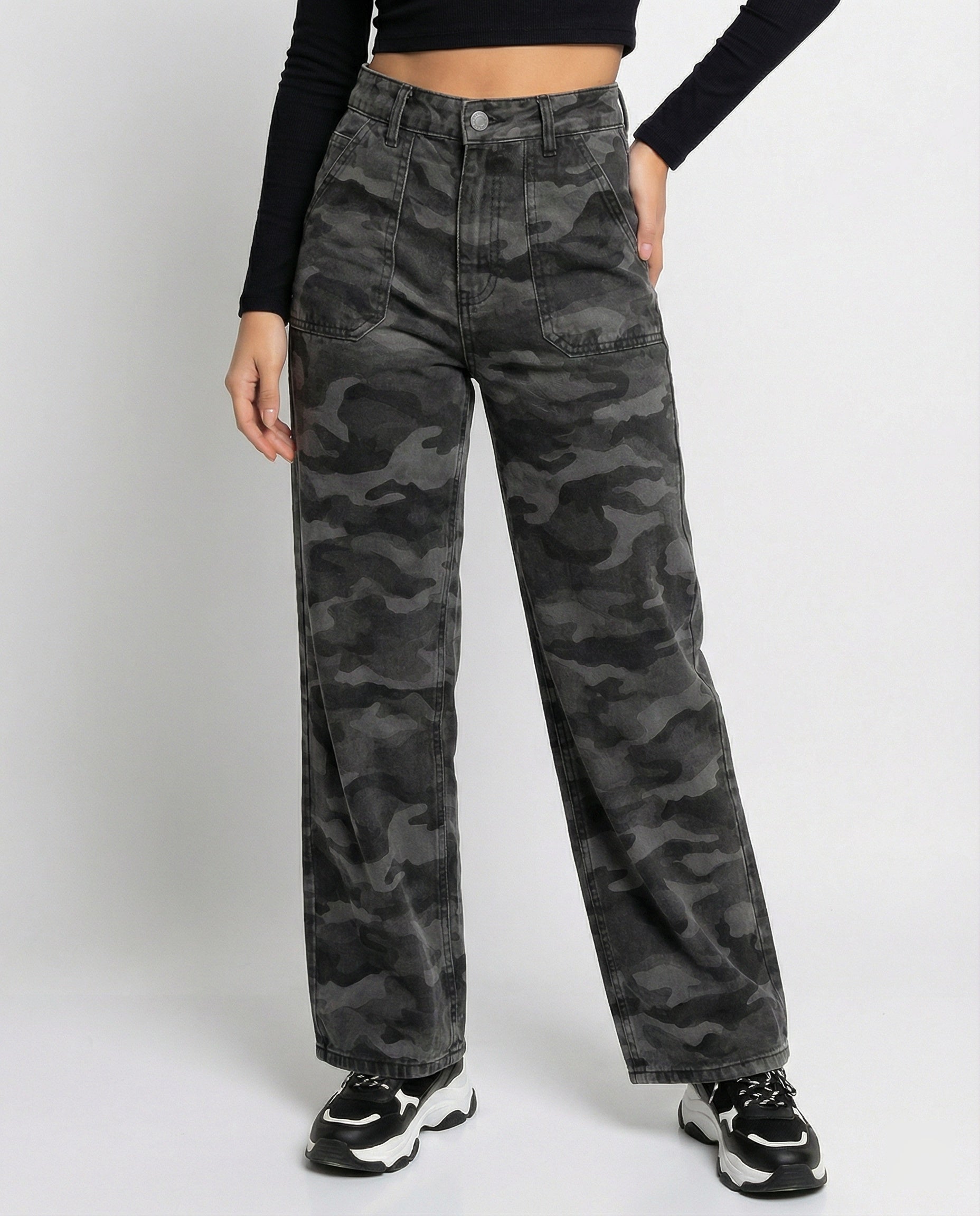 Damen extraweite Camouflage-Palazzohose mit hohem Bund, tiefem Schritt und aufgesetzten Gesäßtaschen R&B