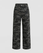 Damen extraweite Camouflage-Palazzohose mit hohem Bund, tiefem Schritt und aufgesetzten Gesäßtaschen R&B