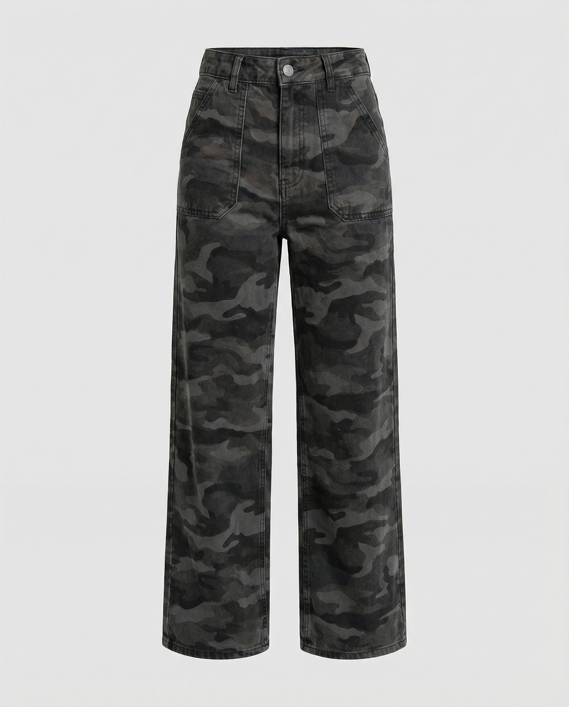 Damen extraweite Camouflage-Palazzohose mit hohem Bund, tiefem Schritt und aufgesetzten Gesäßtaschen R&B