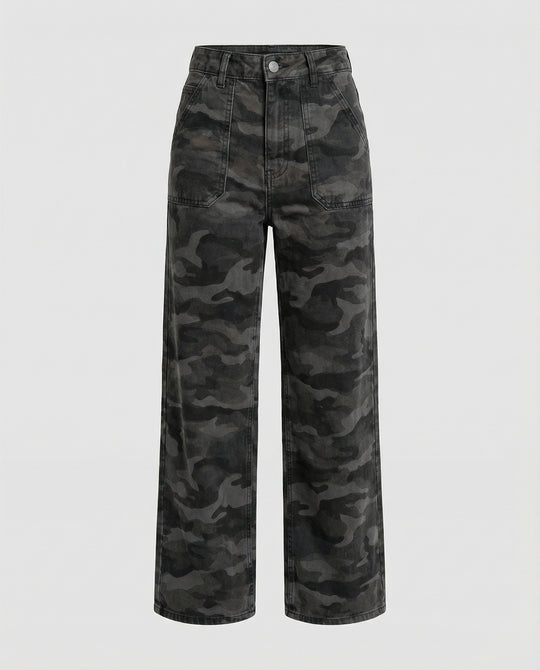 Damen extraweite Camouflage-Palazzohose mit hohem Bund, tiefem Schritt und aufgesetzten Gesäßtaschen R&B