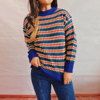 Damen lässiger Strickpullover mit buntem Rautenmuster und Rundhalsausschnitt R&B
