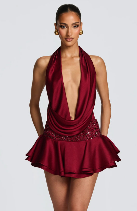 Damen elegantes Wickelkleid mit tiefem V-Ausschnitt und schwingendem Rock R&B