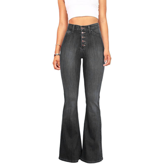 Damen Flared Jeans mit hohem Bund und dekorativer Knopfleiste R&B