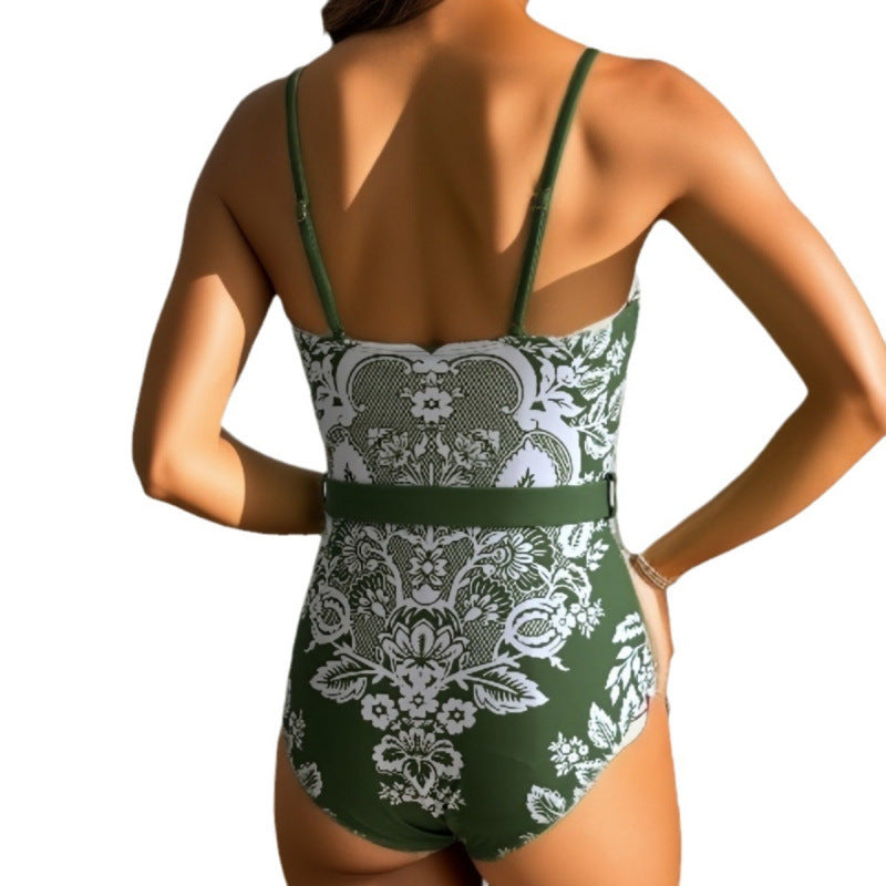 Damen modischer Einteiler Badeanzug mit elegantem Wickelrock und floralem Muster R&B