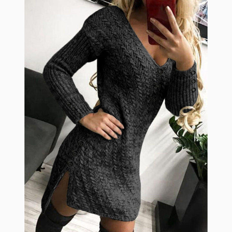Damen Strickkleid mit V-Ausschnitt und Knopfdetails R&B