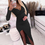 Damen elegantes Wickelkleid mit langen Ärmeln und Seitenschlitz R&B
