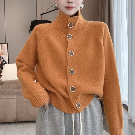 Damen kuscheliger Hochkragen-Cardigan mit Knopfdetails R&B