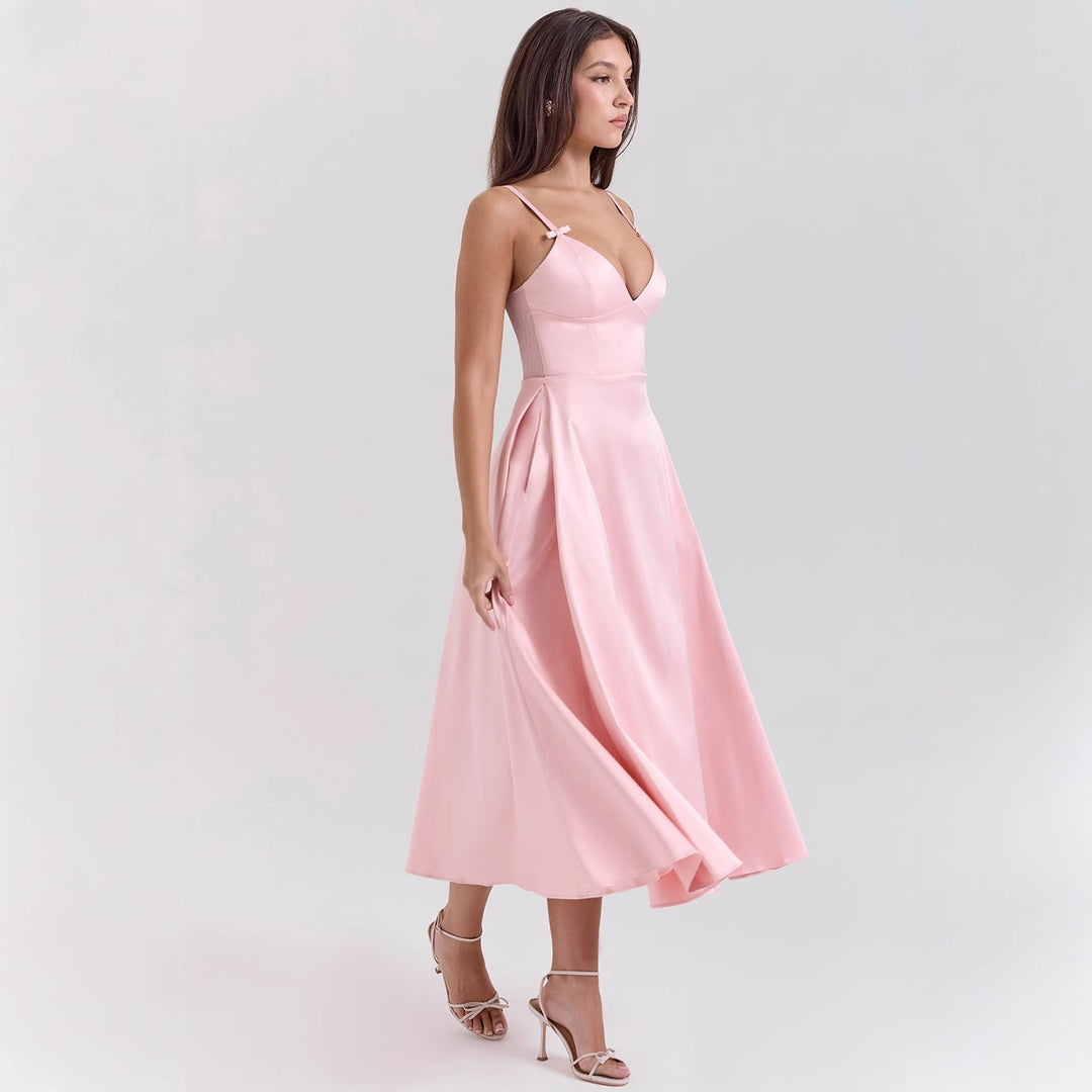 Damen Maxi-Kleid mit elegantem V-Ausschnitt und fließendem Rock R&B