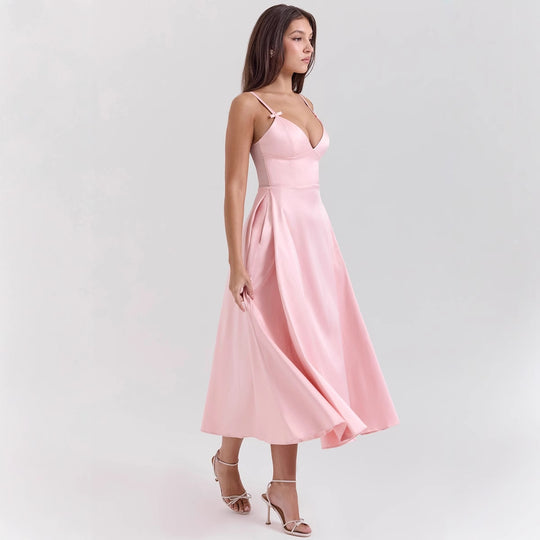 Damen Maxi-Kleid mit elegantem V-Ausschnitt und fließendem Rock R&B