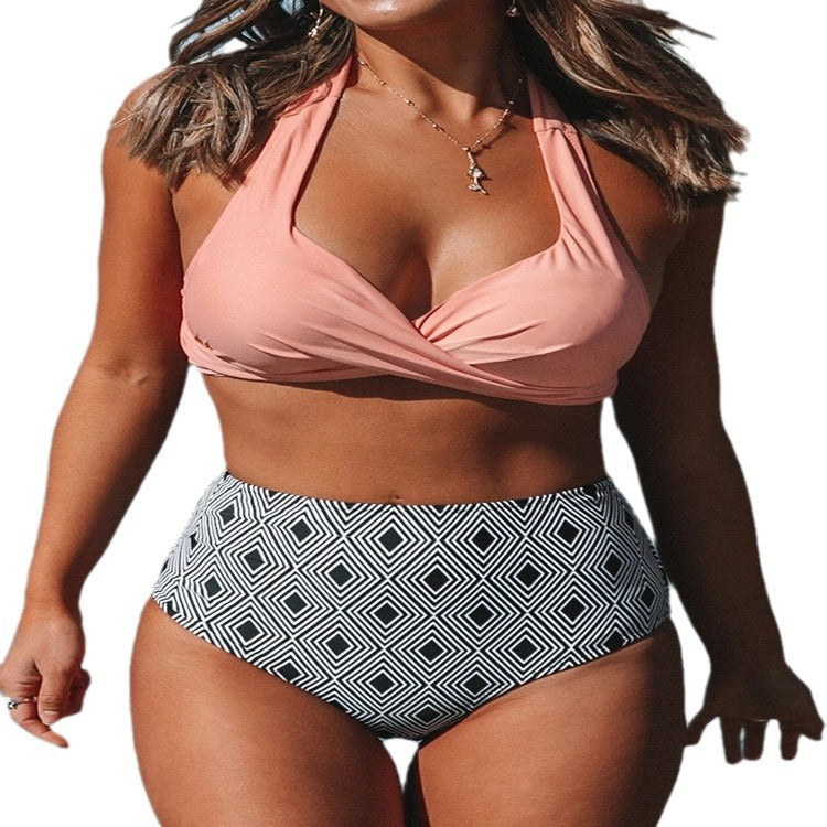 Damen High-Waist Bikini-Set mit elegantem Wickeldesign und modischem geometrischem Muster R&B