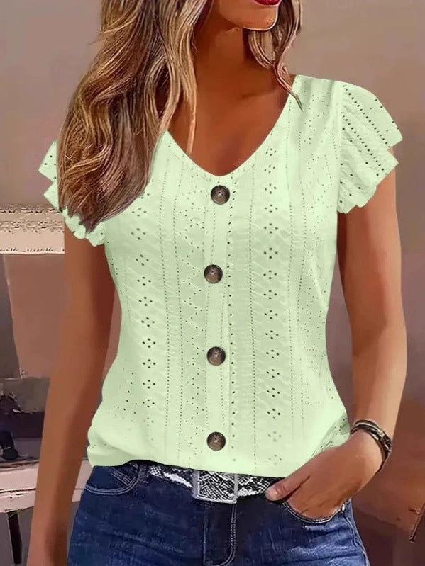 Damen luftige Bluse mit filigranem Lochmuster und Knopfdetails R&B