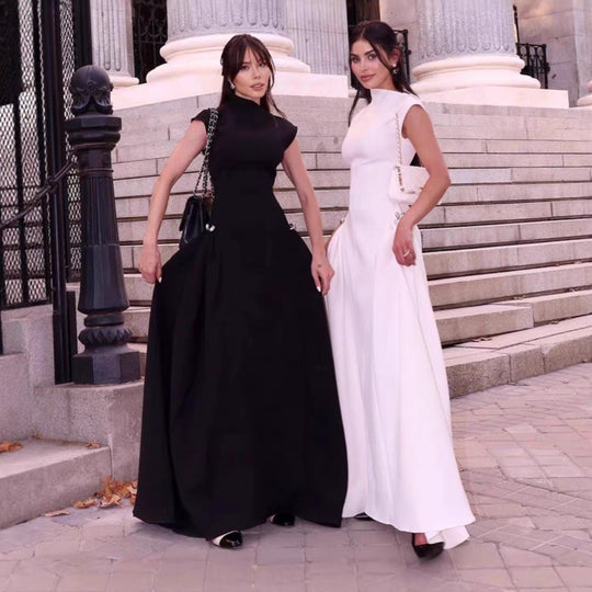 Damen elegantes bodenlanges Kleid mit außergewöhnlichem Kragen und innovativer Silhouette R&B