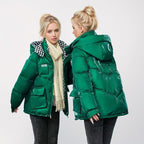 Damen modische glänzende Steppjacke mit hochschließendem Kragen und praktischen Taschen