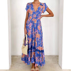 Damen Maxikleid mit tiefem V-Ausschnitt und romantischem Blumenmuster R&B