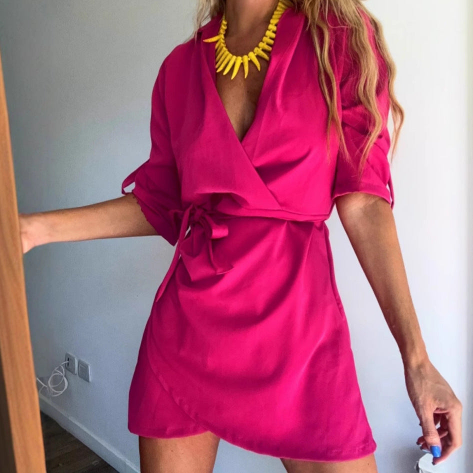 Damen Wickelkleid mit tiefem V-Ausschnitt und Taillengürtel R&B