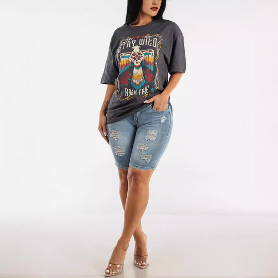 Damen Jeansbermuda mit hohen Bund und Destroyed-Details R&B